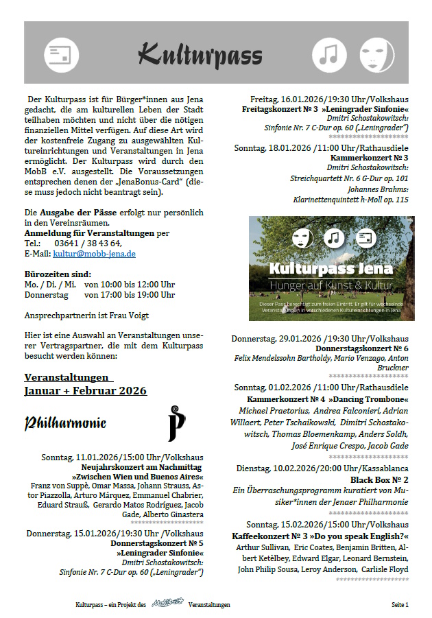 Kulturpass-Angebote in Jena, Januar/Februar 2026, Seite 1